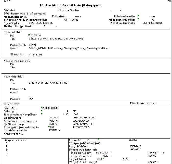 Dịch vụ khai báo hải quan Công ty Bưu vận Quốc tê Đông Dương